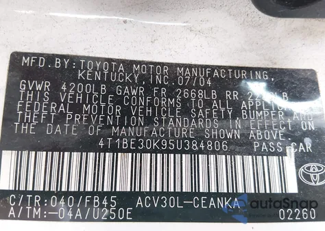 2005 Toyota Camry Le из США, поврежденный, VIN 4T1BE30K95U384806